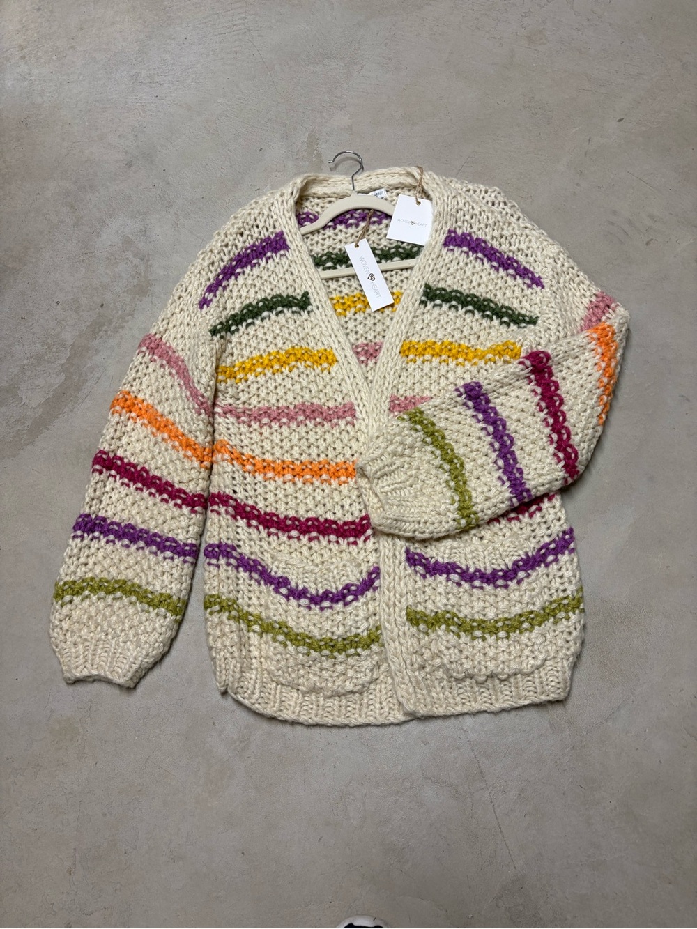 Woven Heart Cream Chunky Cardigan with Multicolor Stripe Accents, NWT M